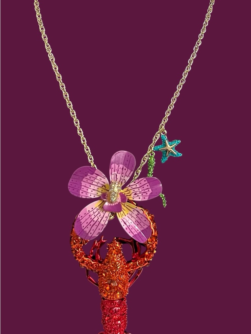 Betsey Johnson Purple, Pink & Orange Lobster Flower Pendant Necklace - Picture 5 of 16